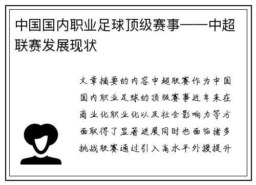 中国国内职业足球顶级赛事——中超联赛发展现状