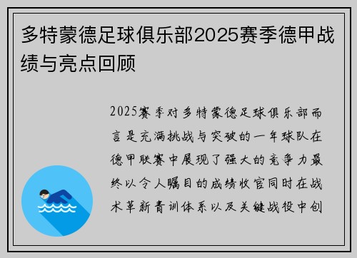 多特蒙德足球俱乐部2025赛季德甲战绩与亮点回顾